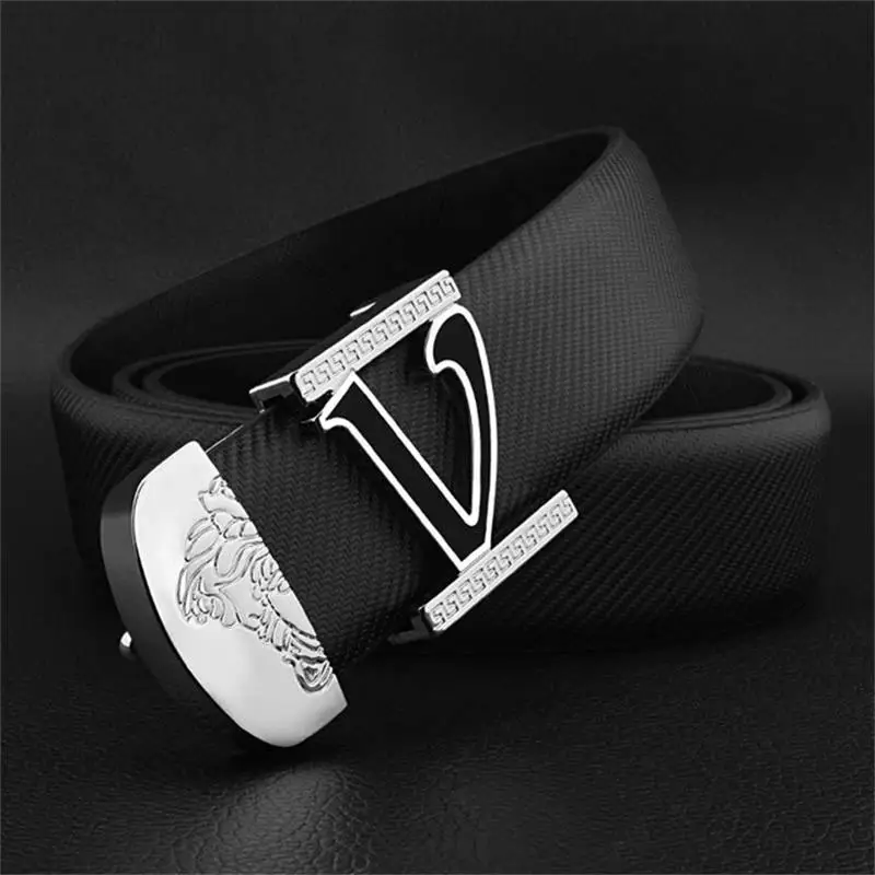 

3.3cm Designer Men's Belt Luxury Brand Letter V Alloy Buckle Two Layers Cow Leather Casual Business Suit Belt Men Wholesale