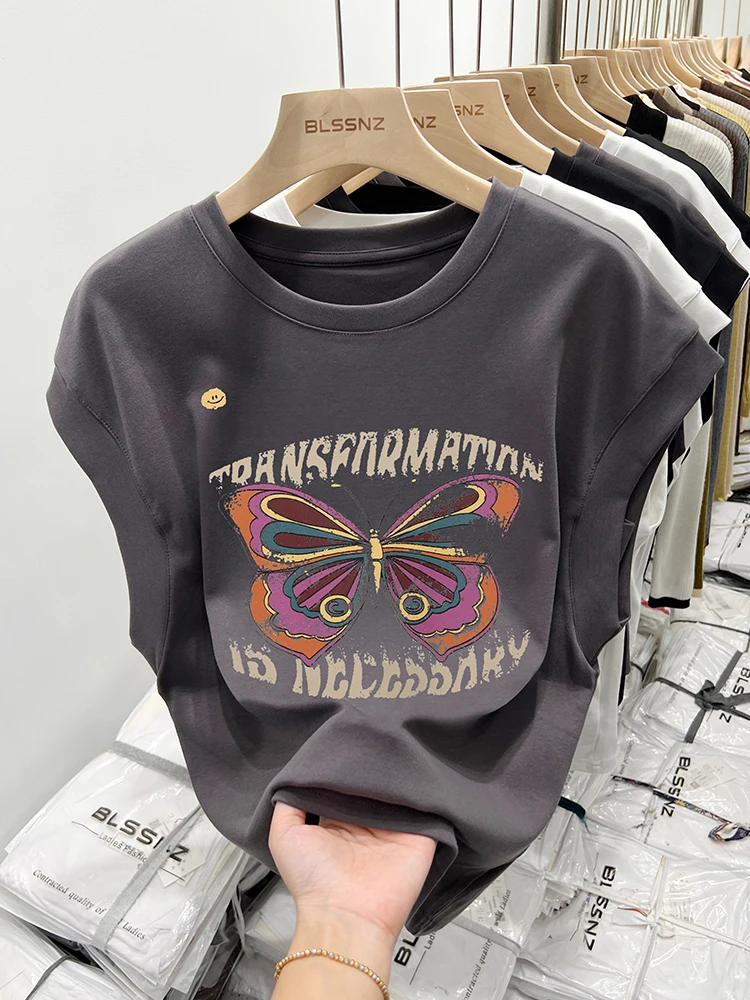 American vintage Shoulder Sleeveless T-shirt Women's Short Sleeve Summer Design Sense Waistcoat Small Flng...