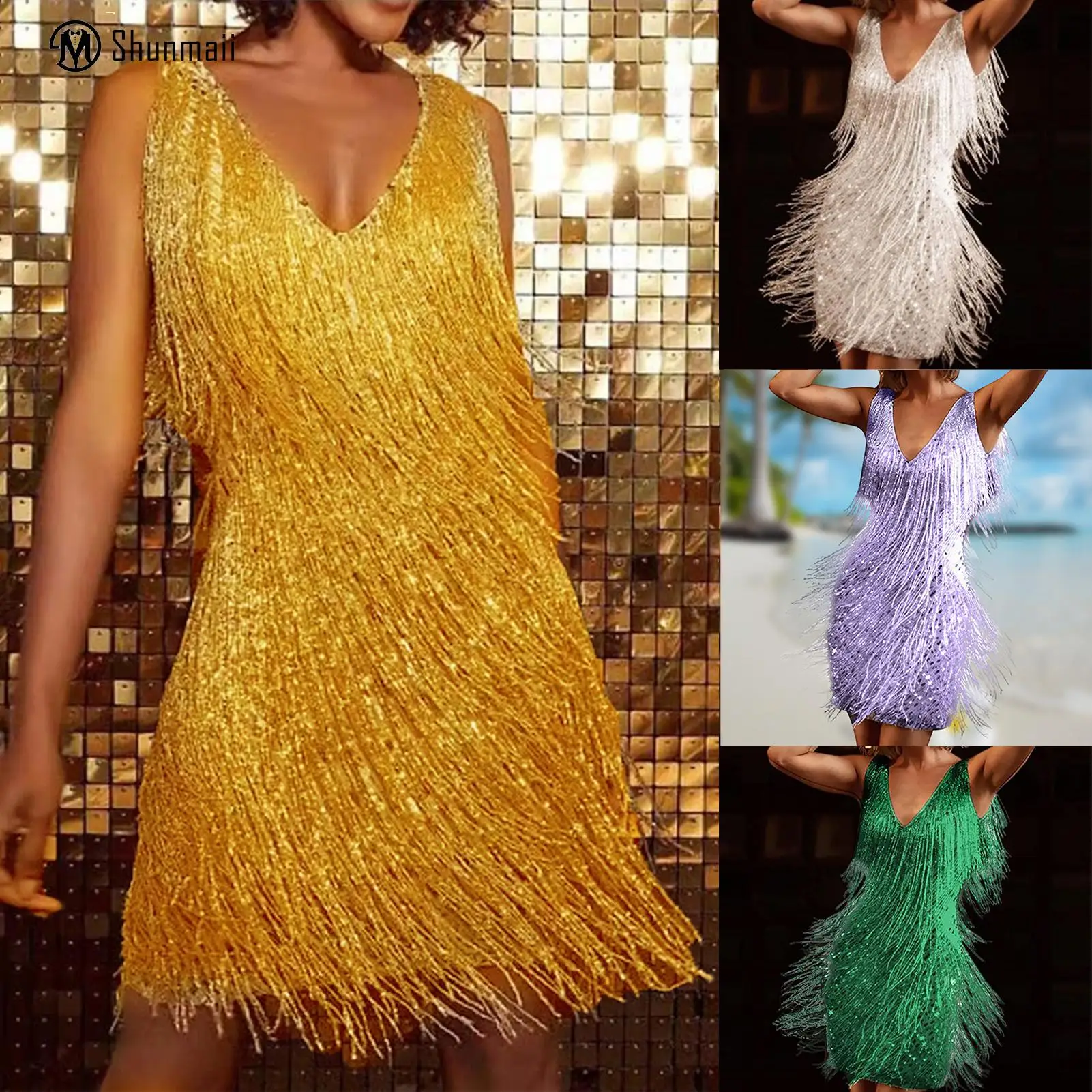 

Midi Dresses Glitter Fringe Dress Sleeveless Women Latin Dance Dress Backless Spaghetti Strap Dress Vacation Outfit