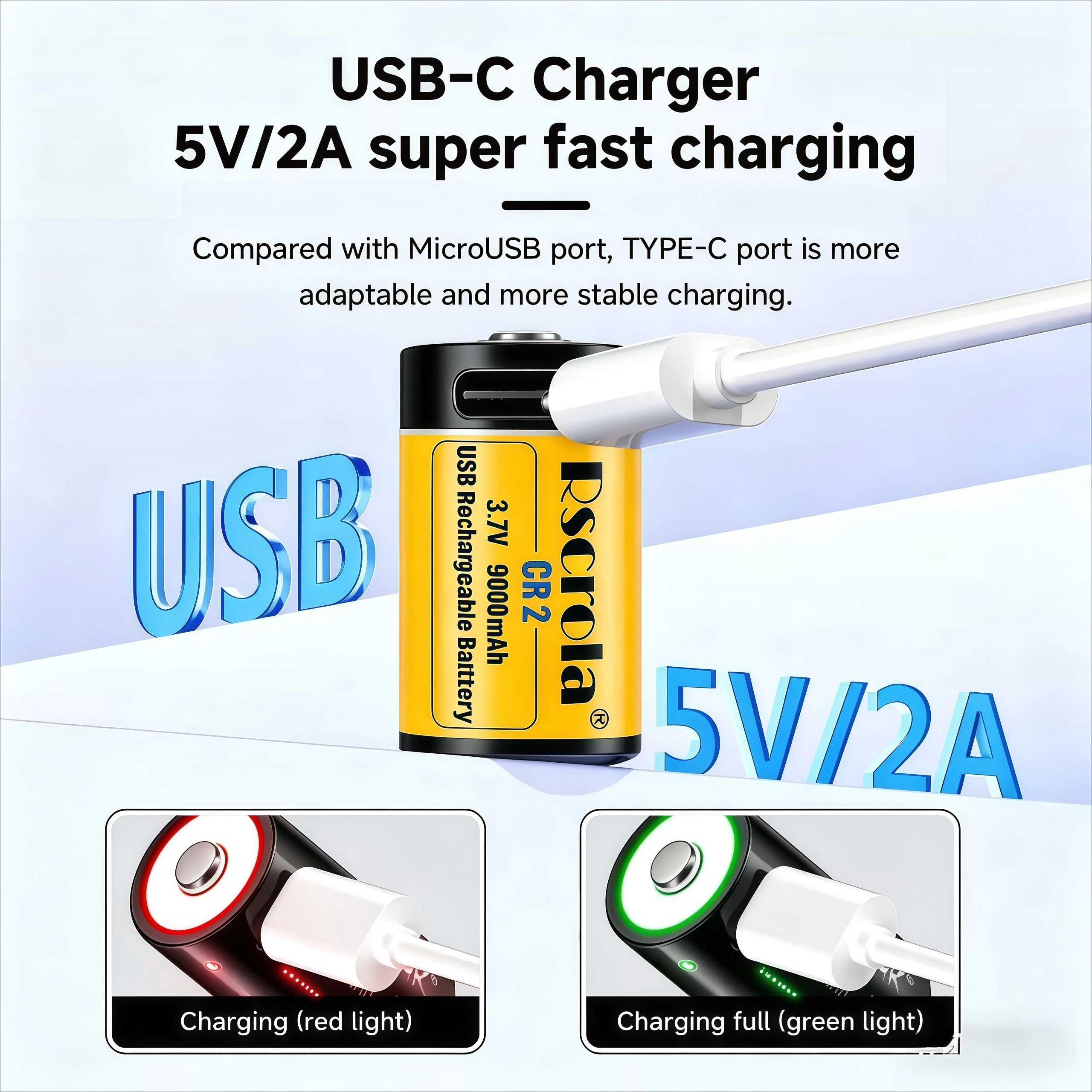 Фото Долговечная перезаряжаемая литиевая батарея CR2 3.7V с зарядкой через USB для фонарика, умного дверного звонка, охранной сигнализации №3