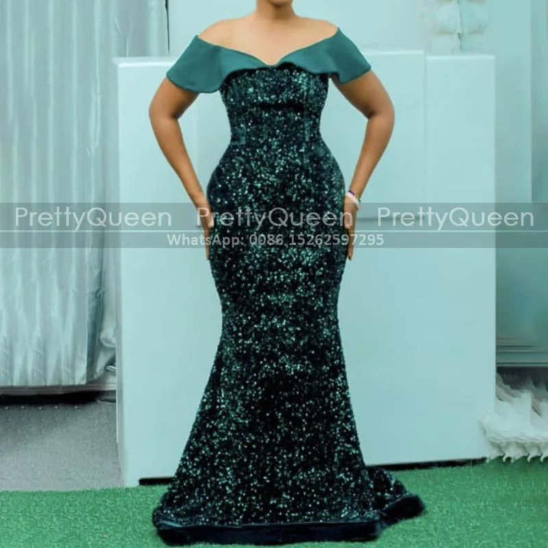 

Emerald Green Sequins Prom Dresses Mermaid Off Shoulder Cape Plus Size Women Long Trumpet Reception Dresses