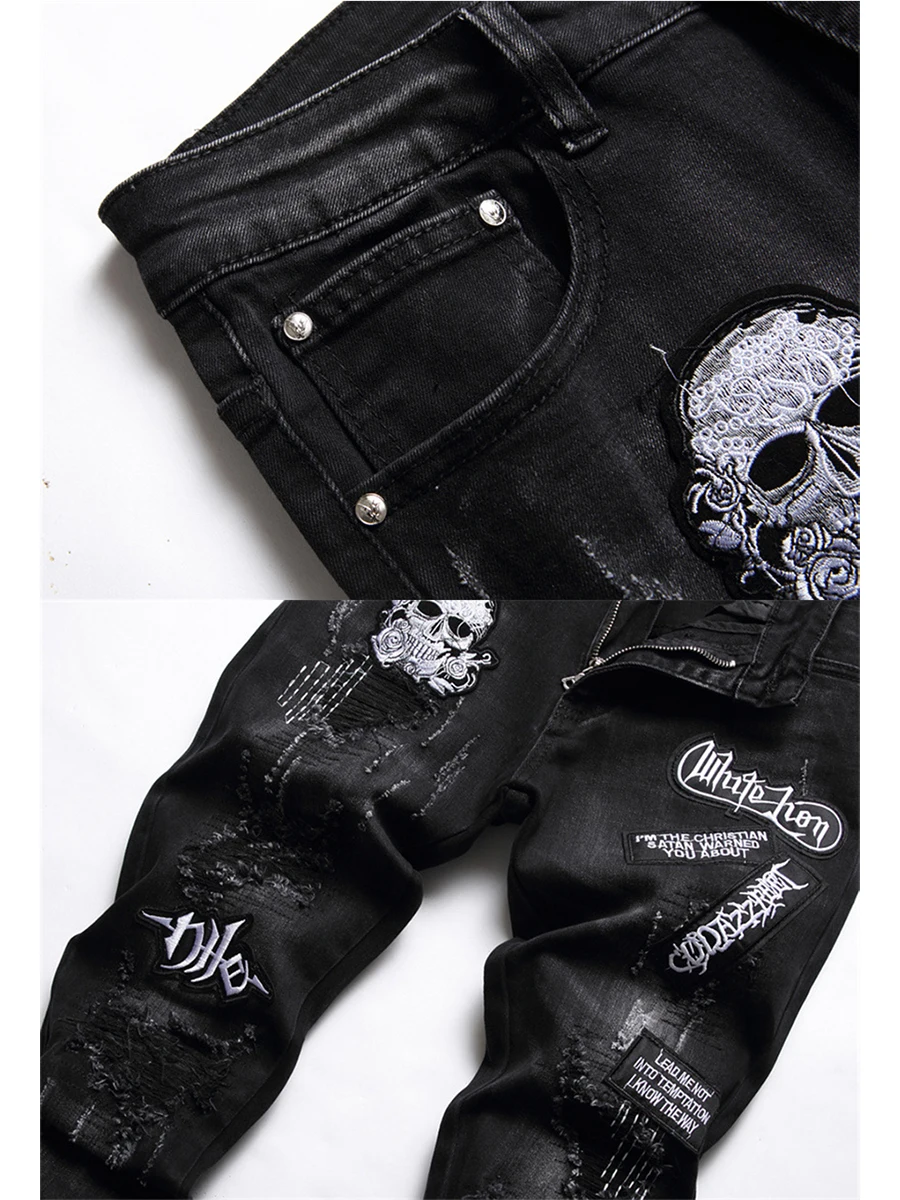 Four Seasons Punk Skull Street Jeans Men Hole Embroidery Letters Hole Harajuku Hip-hop Jeans Fashion Slim Jeans Men Ins Hot Sale
