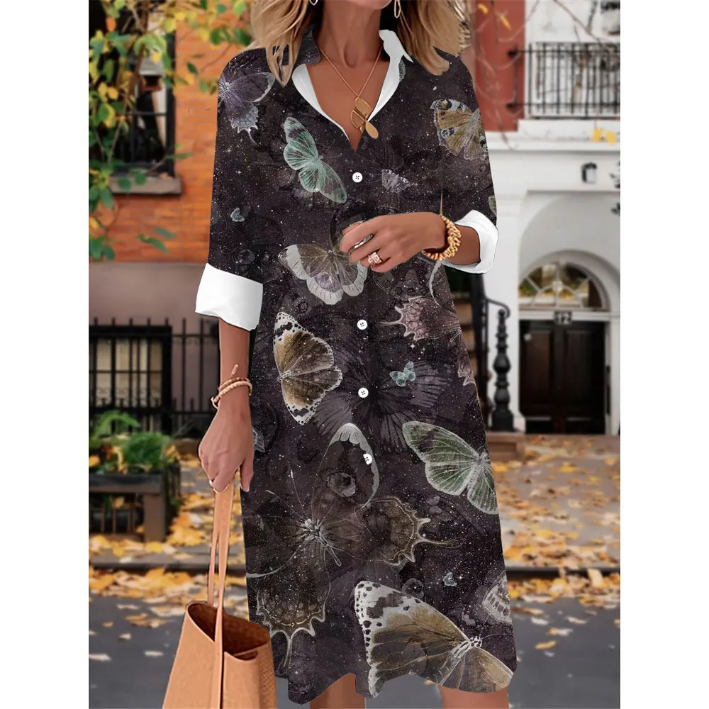 

2024 Autumn New Women's shirt long skirt,Elegant And Pretty Women's Clothing,3D Butterfly printing Evening Dresses shirt Dresses