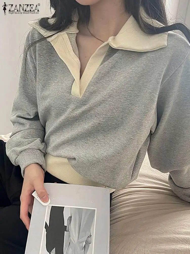 

ZANZEA Fashion Women Oversized Casual Solid Lapel Neck Tops Sweatshirts 2023 Spring Long Sleeve Pullovers Harajuku Streetwears