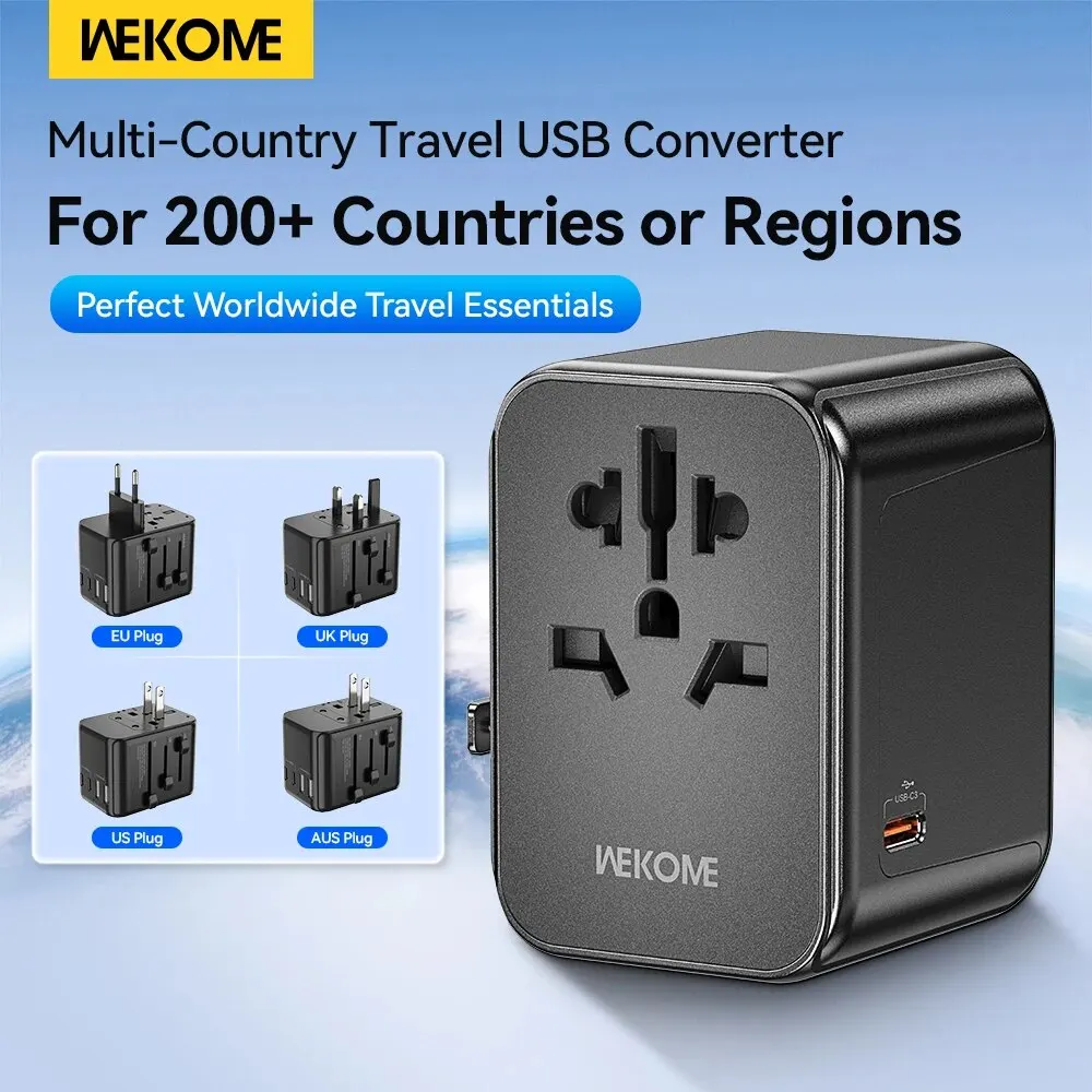   WEKOME 범용 여행용 어댑터, USB 2 개 및 C타입 포트 3 개, 여행용 컨버터 어댑터 콤보, 224 국가, 영국, 미국, EU 플러그 