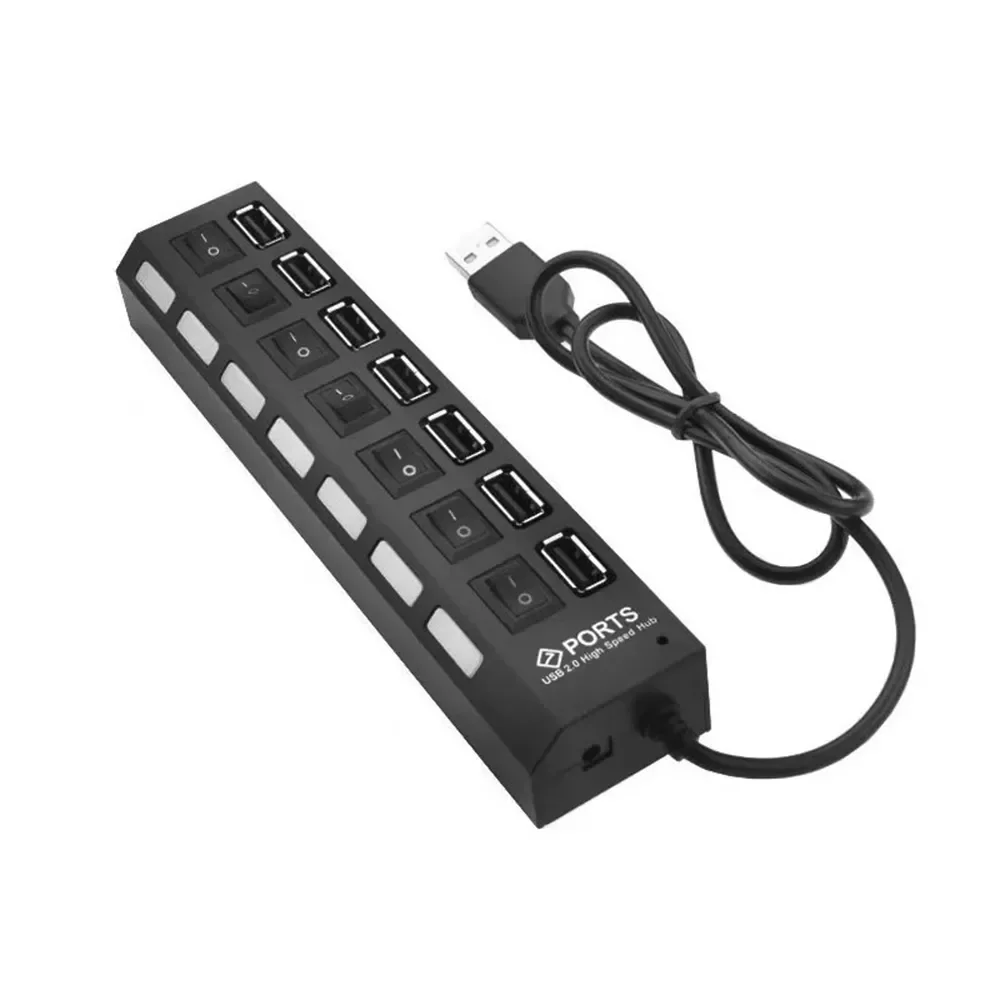 

7 Ports USB Hub Splitter with On/Off Switches Long Cord for Laptop Desktop PC Computer Charging Devices Data Transfer