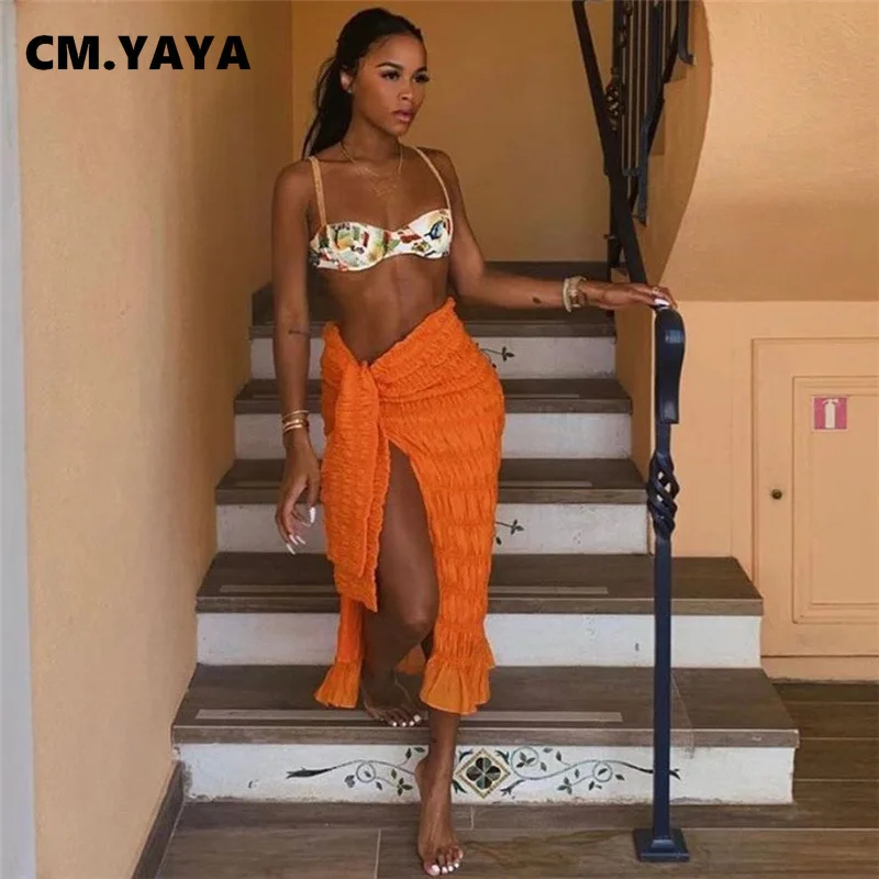 

CM.YAYA Women Beach Holiday Ruffles Hem High Waist Skirt 2022 Summer Tie Up High Side Split Maxi Skirts