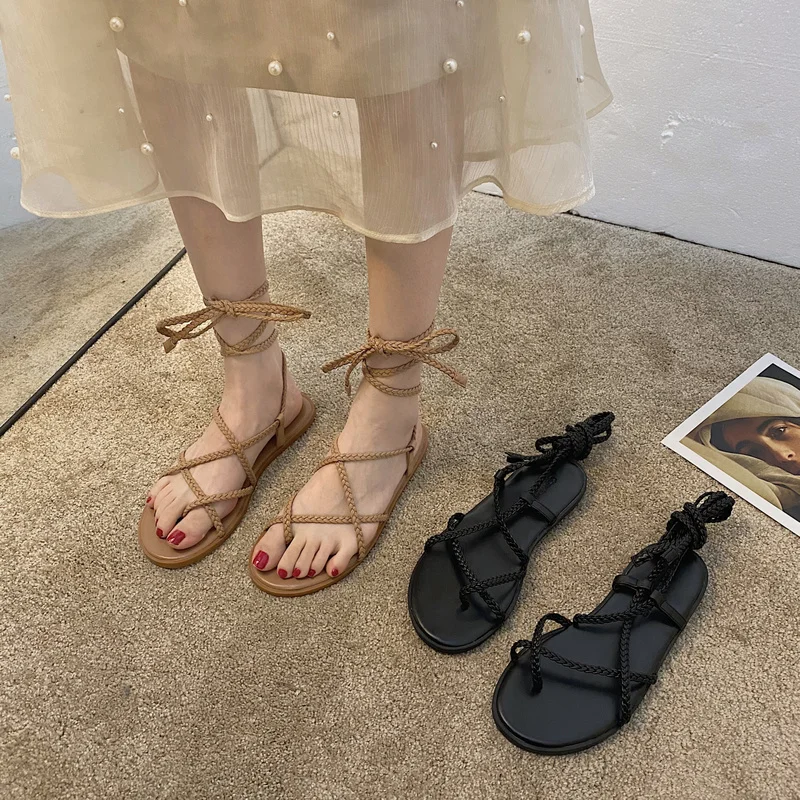 

Сандалии женские с перекрестной шнуровкой, удобные босоножки на плоской подошве, модные пляжные гладиаторы, черные, лето 2022