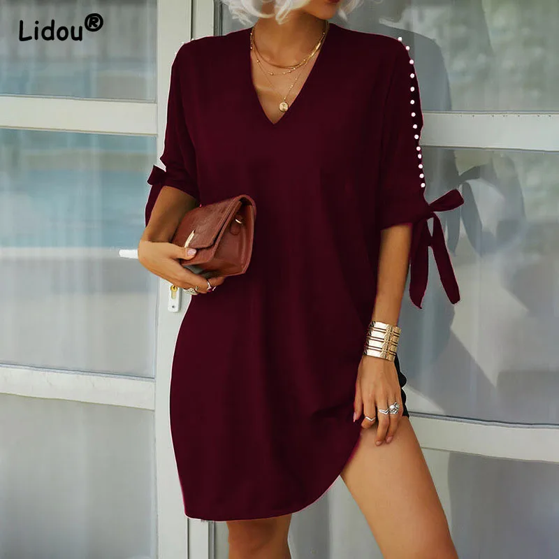 Women 2022 Summer Sexy V-Neck Dress Casual Solid Loose Party Dress Office Ladies Spring Fashion Hollow Out Sleeve Dress Vestidos