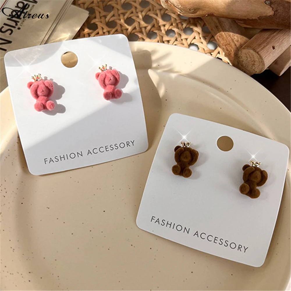 

1Pair Small Plush Crown Bear Stud Earrings Cute Coffee Rabbit Flocking Animal Earrings for Women Girls Ear Studs Jewelry Gifts