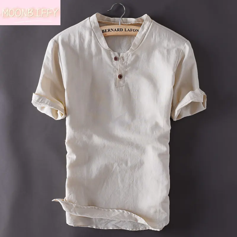 

Рубашка Мужская льняная с коротким рукавом, дышащая сорочка Slim Fit, Повседневная сорочка, однотонная блуза из хлопка, лето