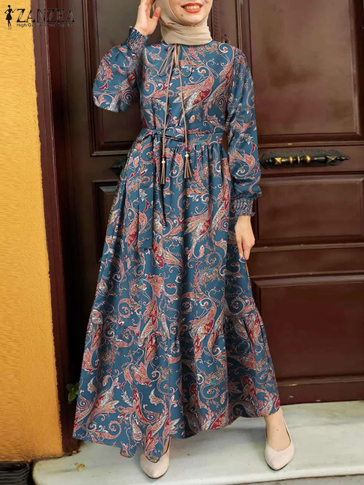 2023 ZANZEA Spring Muslim Dress Loose Women Printed Floral Sundress Casual Long Sleeve Abaya Hijab Maxi Vestidos Robe Oversized