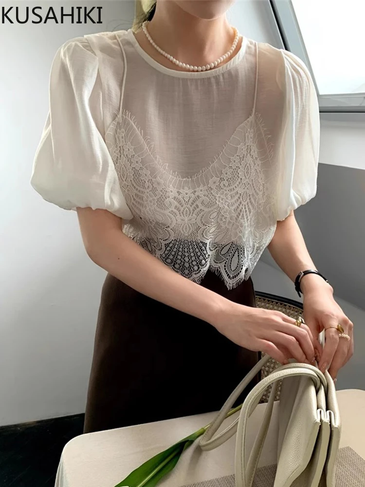 Корейская шикарная летняя имитация двух частей Лоскутная кружевная подтяжка