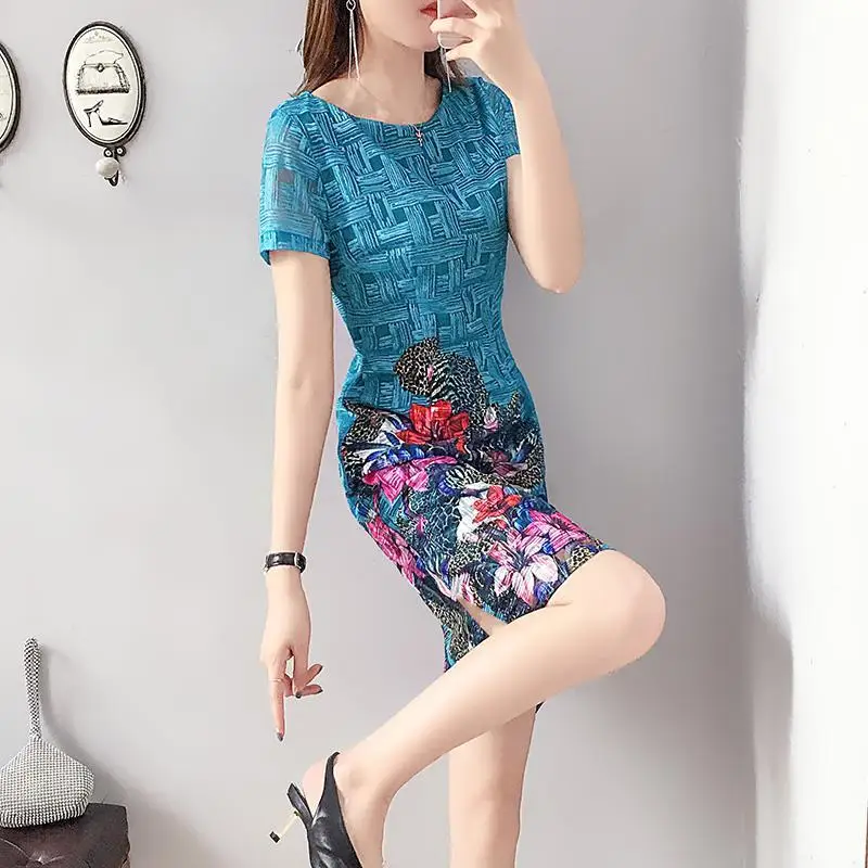 

Женское облегающее платье с коротким рукавом, облегающее длинное платье средней длины с круглым вырезом и принтом, E43, лето 2022