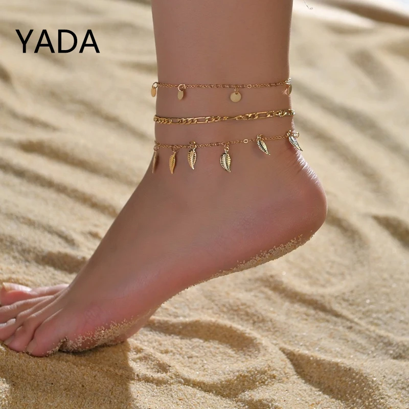 YADA Adjustable Gold Color Leaves Anklets For Women Summer Beach Foot Ankle Barefoot Sandals Multilayer Ankle Female AT220005