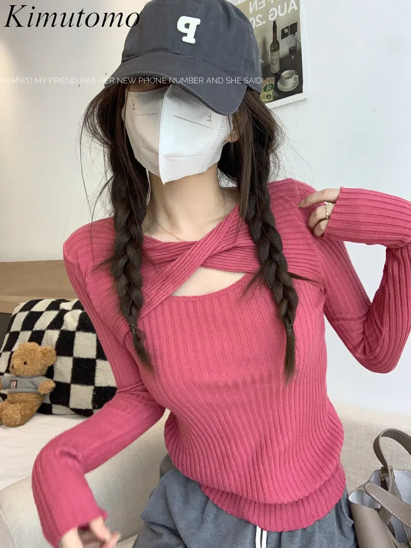 

Kimutomo элегантный однотонный вязаный пуловер с вырезами, Женский Мягкий Универсальный свитер с V-образным вырезом и длинными рукавами, новинк...