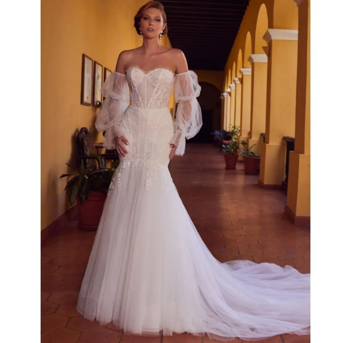 

Backless Trumpet Wedding Dress For Women Lace Strapless Detachable Sleeves Maxi Gown Sweep Train Elegant Vestidos Handmade