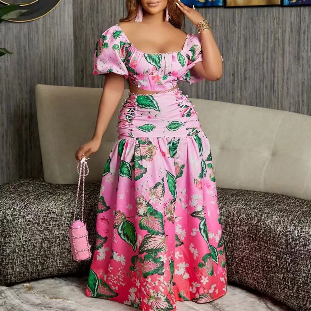 Летний женский костюм Модный повседневный короткий топ и удобная длинная юбка