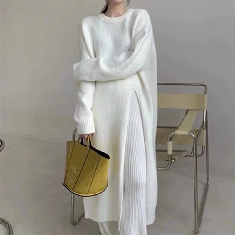 

Retro Split Woolen Dress Women Sexy Autumn 2023 White Solid O-neck Soft Long Knitted Dresses Women Clothing Winter Knitwear Chic