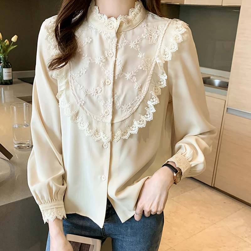 Женская шифоновая блузка с длинным рукавом кружевная вышивкой и оборками