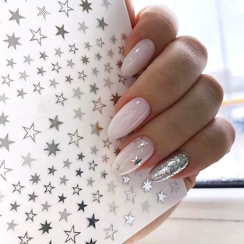 3D Nail Slider Stars Stickers Glitter Shiny Decoration Decals DIY Transfer Adhesive Golden Silver Nail Tips Accessories