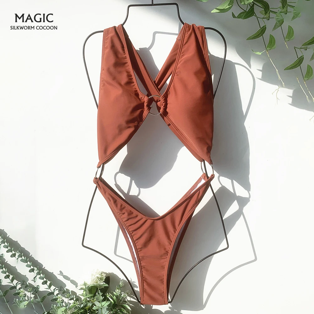 

High Waist Solid Beachwear Swimwear Female Bodysuit Solid Thong Bather Fashion Women Backless Swimming Suit for Women One Piece