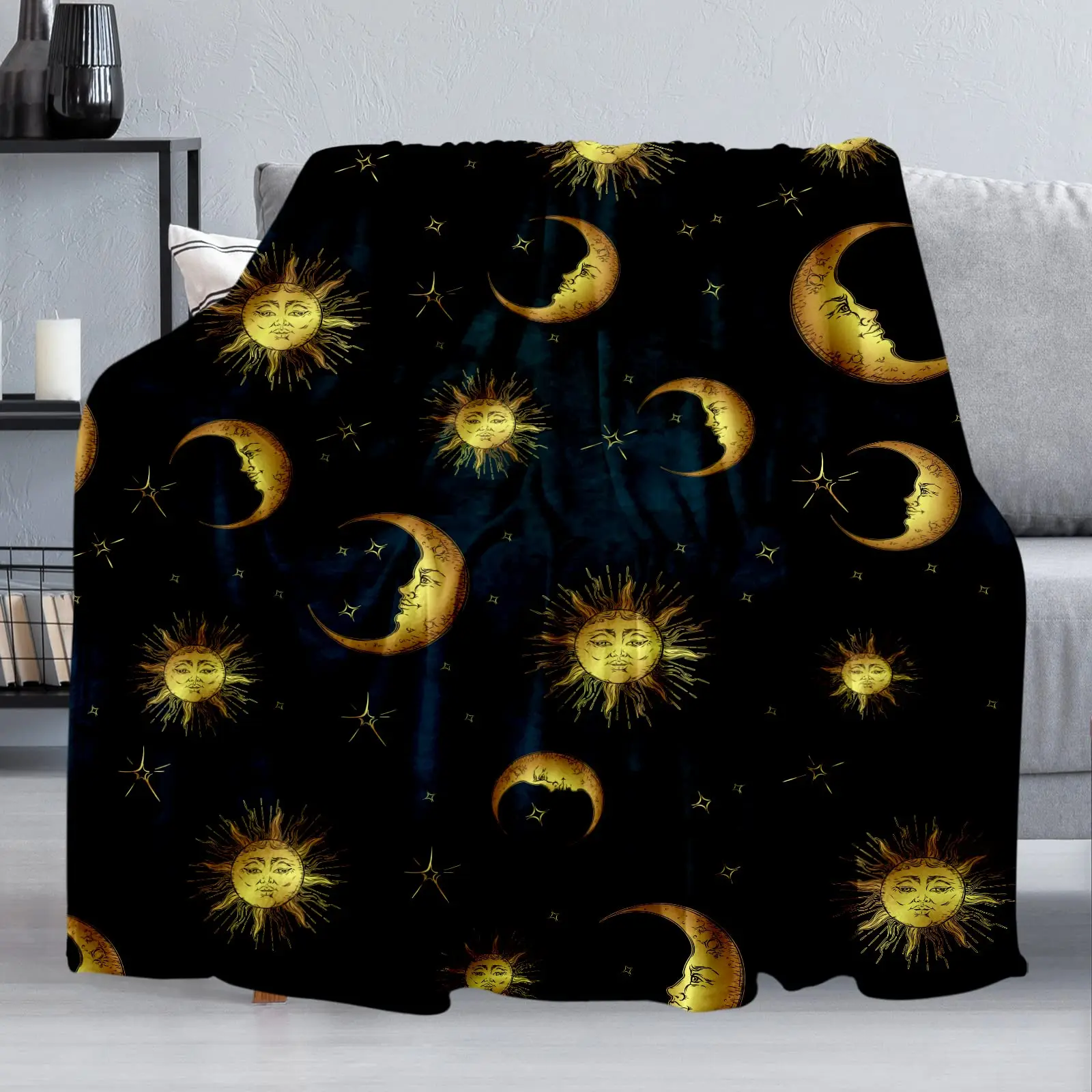 

Sun Moon Blanket Stars Space Black and White Print Throw Blanket for Couch Bed Sofa Travelling Camping for Kid Adult Psychedelic