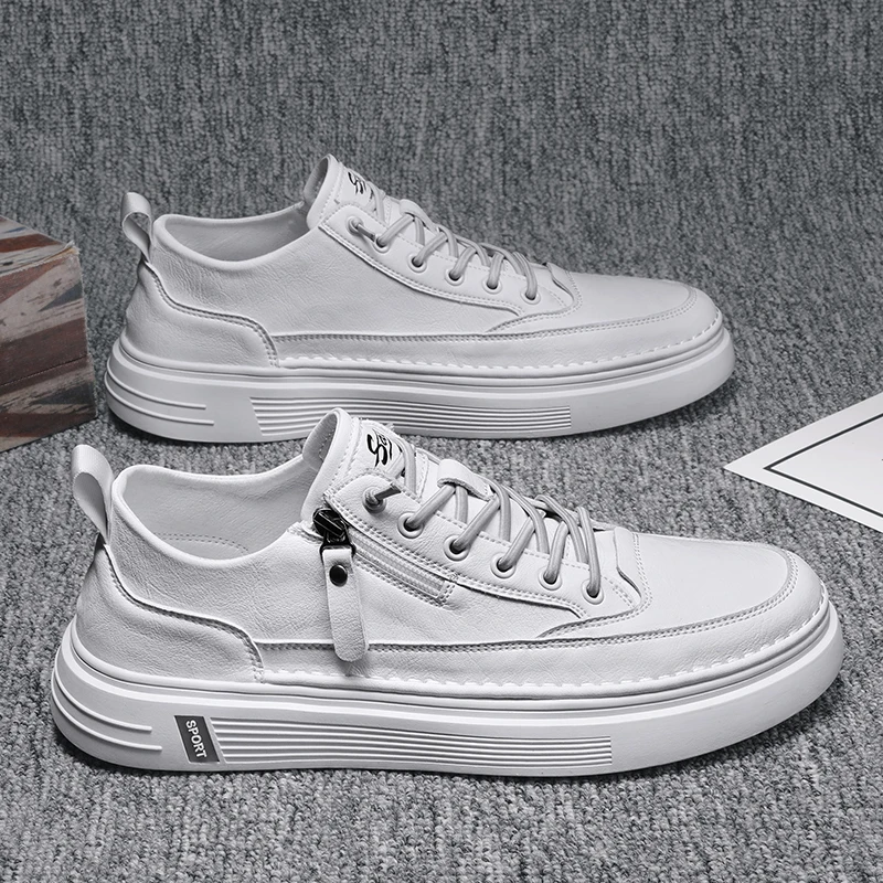 

Korean Summer Low Top Brown Men Casual Shoes Elastic Band Leather Work Rubber Solid Sneakers for Men