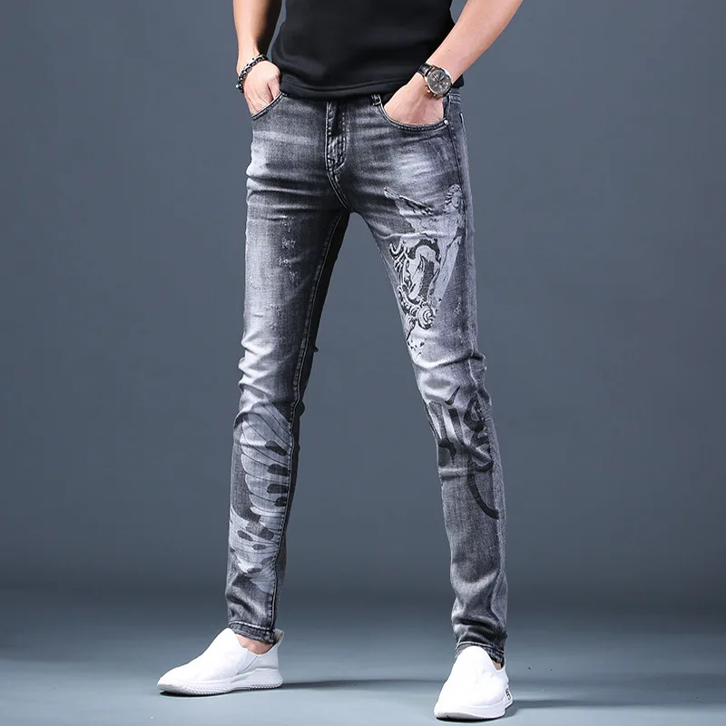 

Wholesale 2022 Men's Printed Stretch Denim Jeans Boys Loose Straight Legs Youth Casual Long Pants Slim Teenagers Pencil Pants