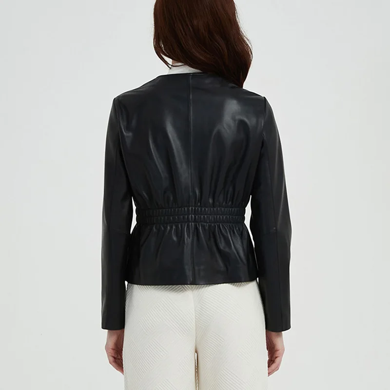 2023 New Lady Leather Jackets Round Neck Single Breasted Solid Genuine Sheepskin Short Coat Elegant Fashion Streetwear AEL4938