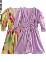 pailete women 2022 fashion pleated button up mini dress vintage v neck short puff sleeve female dresses vestidos mujer