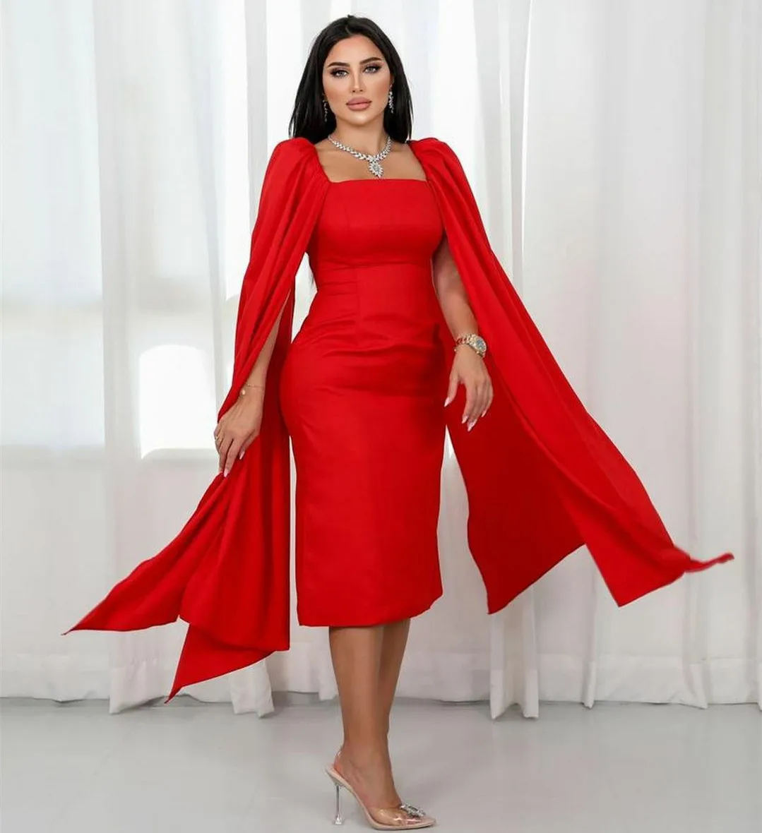 

Винтажные Короткие вечерние платья BridalAffair из красного крепа с квадратным воротником, плиссированные мусульманские платья длиной ниже колена для выпускного вечера для женщин