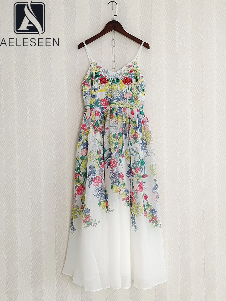 

AELESEEN Women Sicilian Dress 2023 Summer Runway Fashion Spaghetti Strap Floral Print Beading Sequined Elegant Long Party