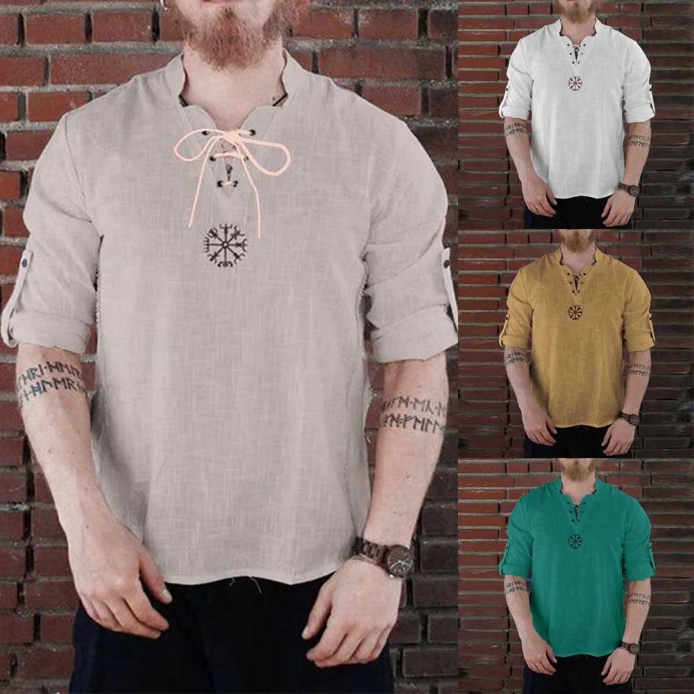 

Men's Medieval Viking Pirate Linen Top Shirt Vintage Costume Nordic Retro T-shirt Beard Cosplay Tee Lace-Up For Adult Belted