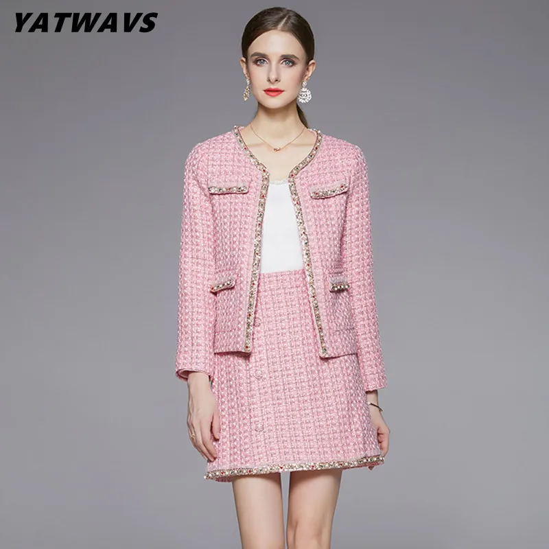 

Женский твидовый костюм из двух предметов, винтажная куртка с бисером и юбка с высокой талией, шерстяная одежда, осень-зима