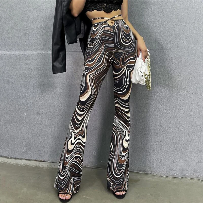 

SALSPOR Printed High Waist Flared Legging Fitness Casual Loose Trousers Slim Belted Waist Workout Legging For Women