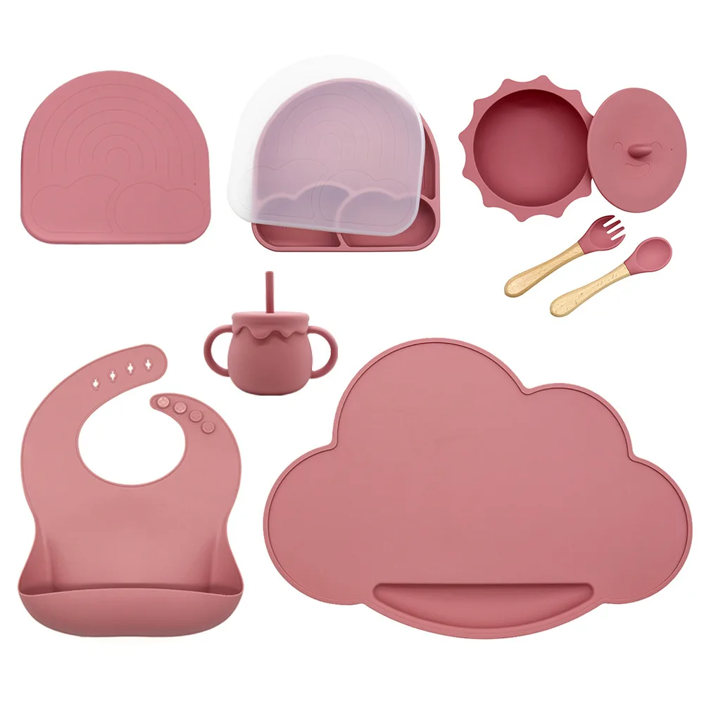 A Set Baby Soft Silicone Bib Suction Cup Bowl Dinner Plate Cup Fork Spoon Cutlery Set Non-slip Food Grade Silicone Kids Dishes enlarge