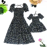 new 2022 mother daughter summer dresses fashion short sleeve floral beach dress mom mommy and me dress family matching outfits