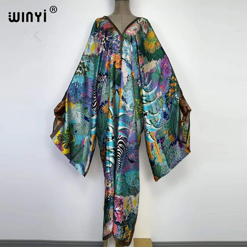 Халат-кафтан с принтом WINYI длинное пляжное платье большого размера V-образным
