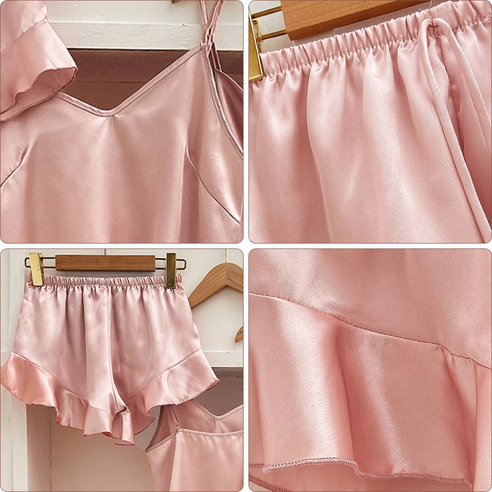 Fashion Silk Sling Household Clothes Pajamas Women's Sling Shorts Pajama Dress Set Lightweight and Comfortable All Seasons Wear