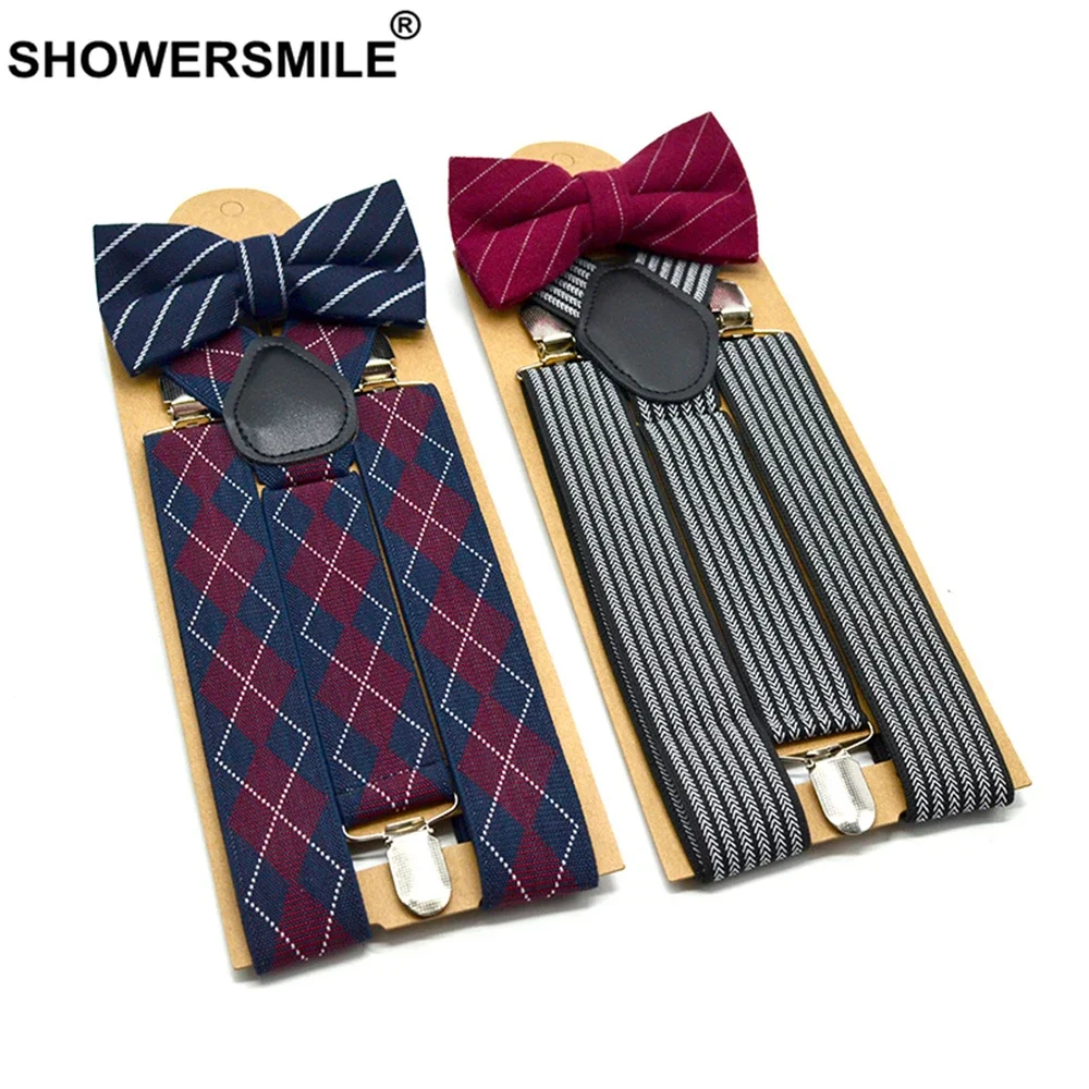 SHOWERSMILE Черно-белые полосатые подтяжки с галстуком-бабочкой