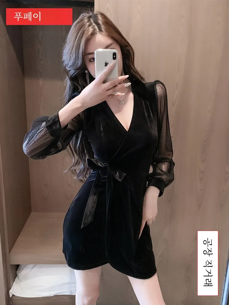 Ночной магазин Сексуальные платья для женщин с длинным рукавом Золотой бархат Slim