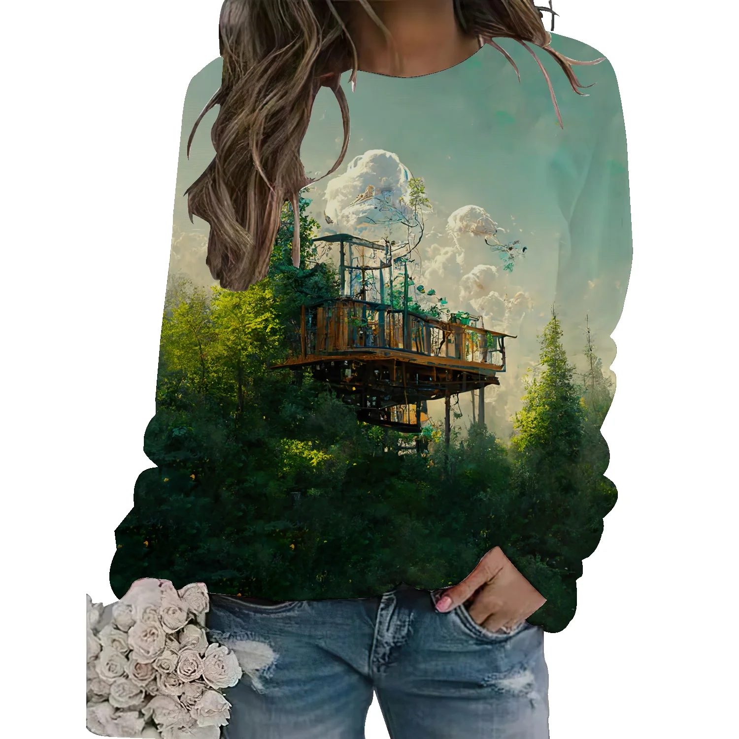 

Contrast color landscape architecture round neck oversize sweater women's 2022 spring and autumn new chic American small top