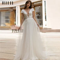 princess wedding dresses 2022 women bohemian v neck appliques lace a line backless formal bride gown tulle beach bridal robes