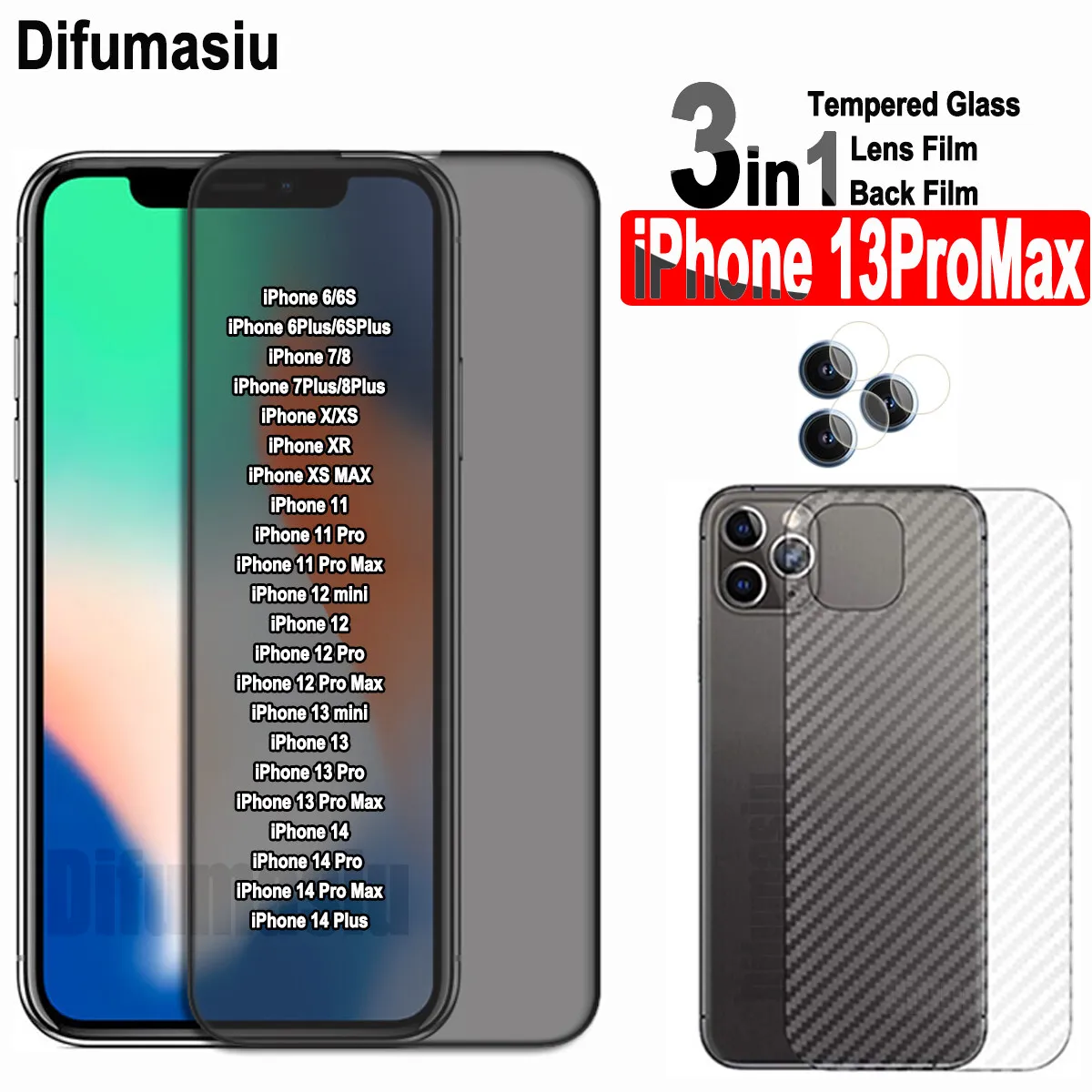 3 в 1 для Apple iPhone 13 Pro Max Black Border тонированное закаленное стекло 12 11 14 XS XR 6S 7 8 Plus SE Anti