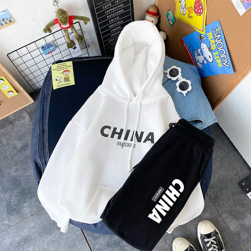 Осенне-зимний плюшевый свитер с капюшоном + спортивные брюки костюм из двух