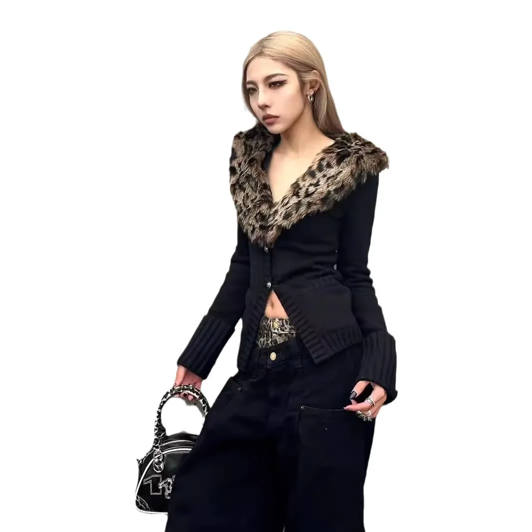 Европейский и американский ретро-свитер черный съемный меховой воротник с
