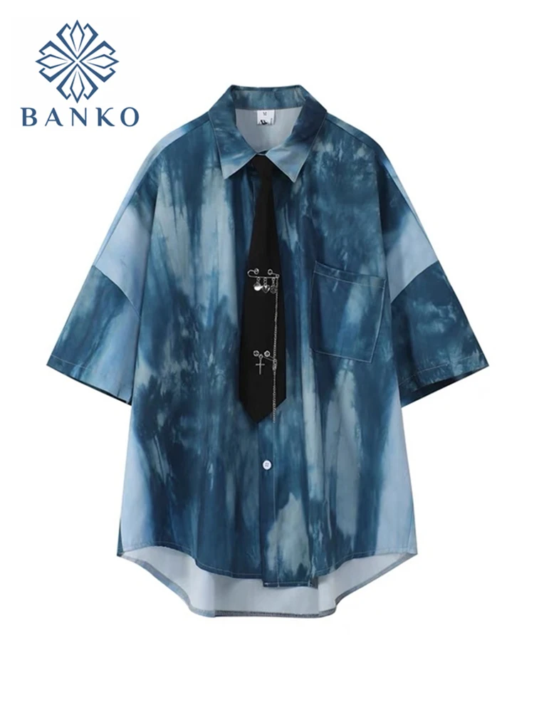 Tie Dye Blue Blouse Woman Fashion Short Sleeve Turn-down Collar Streetwear Casual Shirts Loose Necktie Clothes Harajuku Female