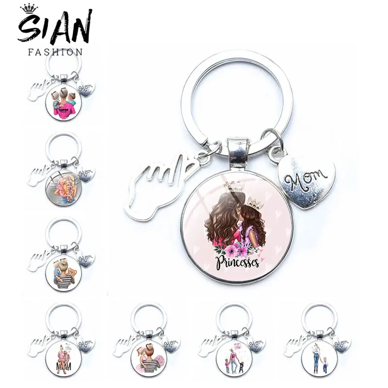 

Lovely Hand Heart Family Mom Keychain Boys Girls Super Mama Key Ring Art Photo Glass Cabochon Key Accessories Mother's Day Gift