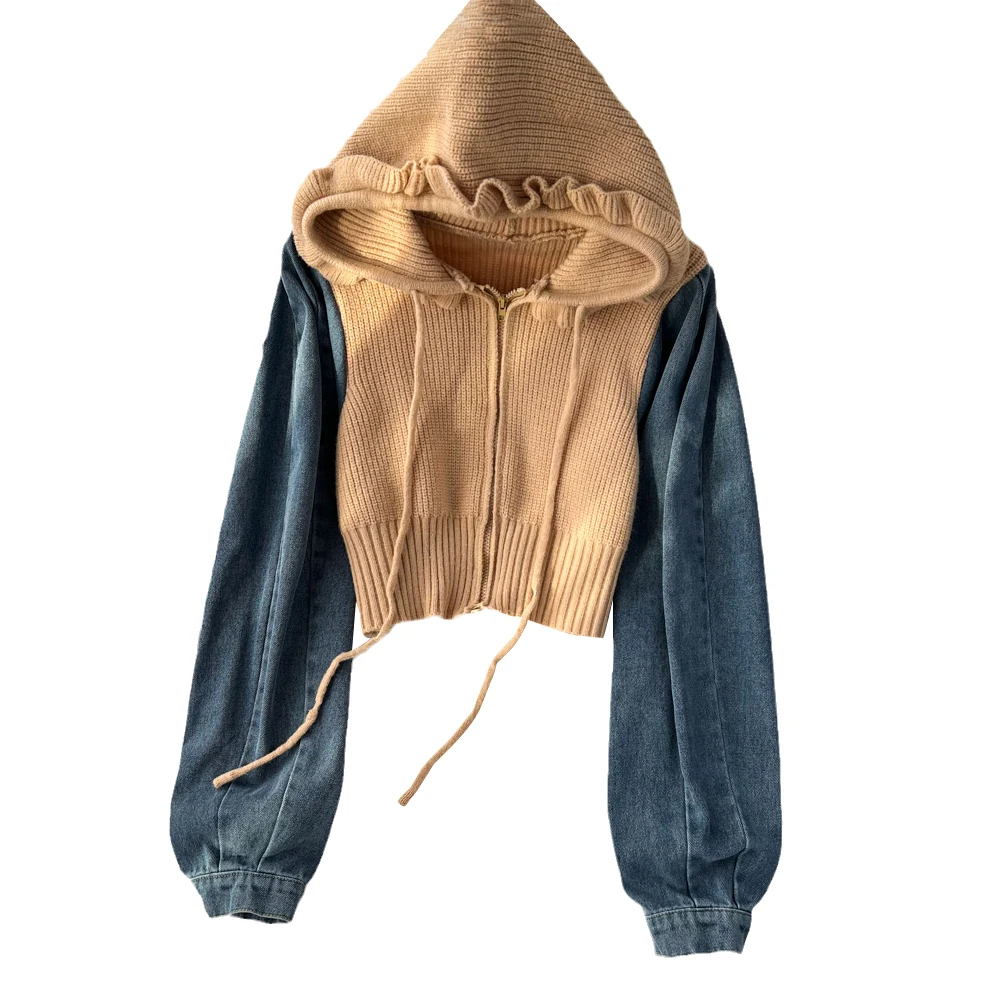 

SuperAen Streetwear Sweater Stitching Denim Jacket Female Autumn and Winter New High Waist Short Hooded Jacket
